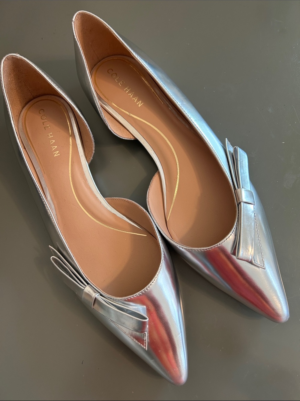 Cole Haan Metallic Silver Pointed-Toe Bow Flats.